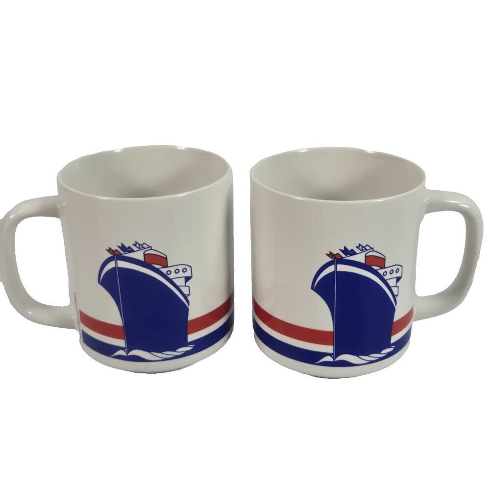Vintage Cruise Ship Coffee Mugs Pair Red White Blue Nautical Maritime Decor